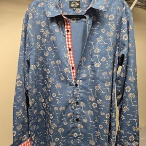 Something Strong Men’s XL Palm Tree & Surfer Print Button-Up Shirt – Blue w/ Red